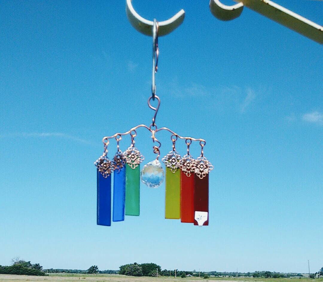 Handcrafted rainbow stained glass wind chime garden ornament suncatcher