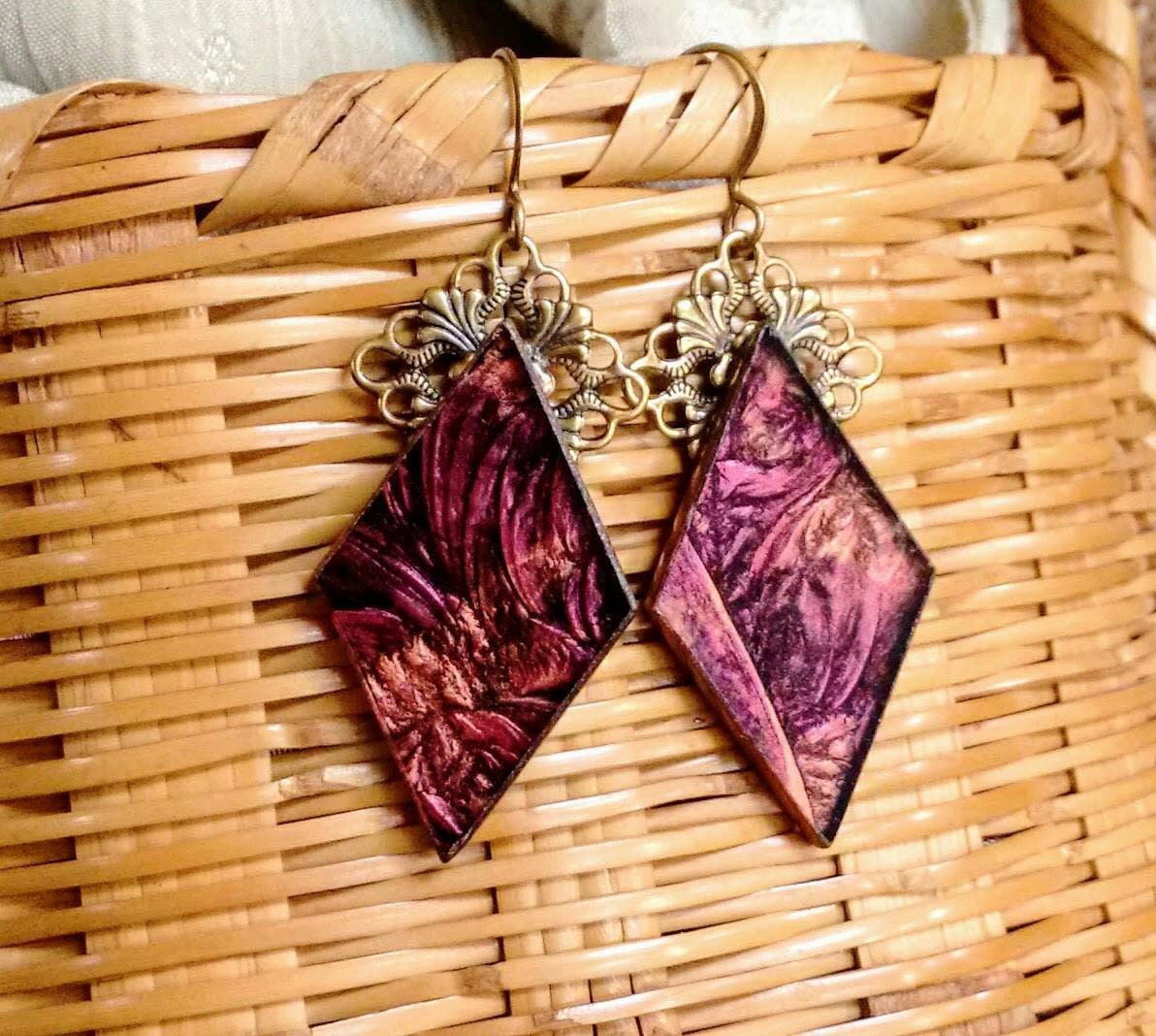 Handcrafted red and copper Van Gogh stained glass earrings