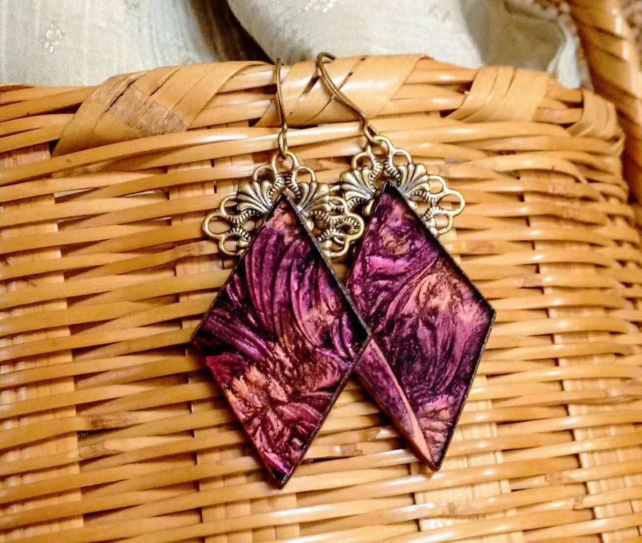 Handcrafted red and copper Van Gogh stained glass earrings
