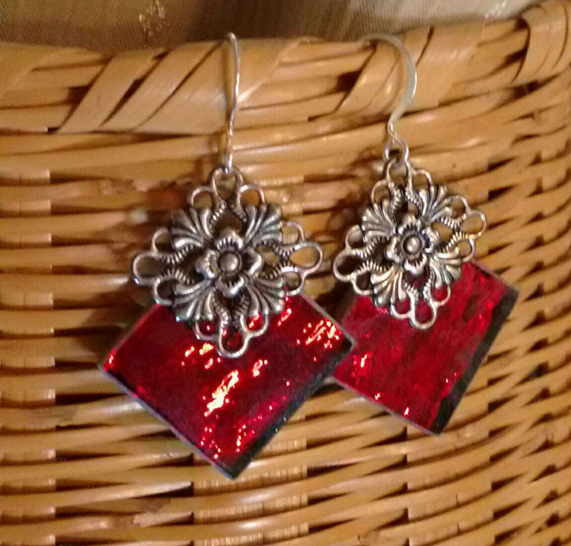 Handcrafted red ripple mirror glass stained glass earrings