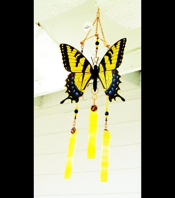 Handcrafted yellow butterfly stained glass wind chime garden ornament