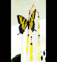 Thumbnail for Handcrafted yellow butterfly stained glass wind chime garden ornament