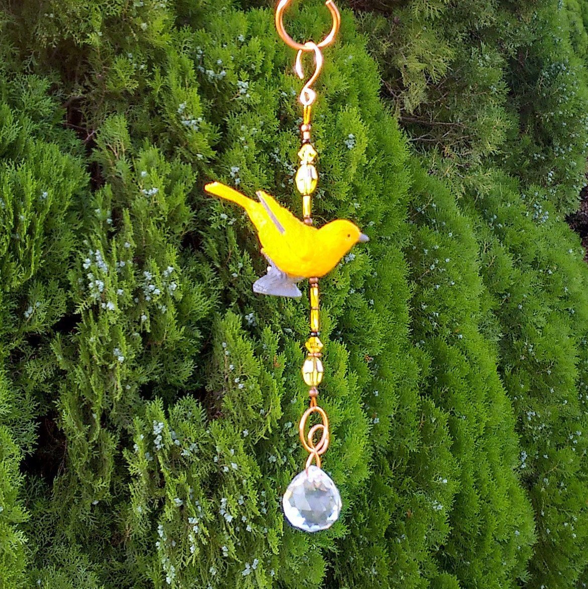 Handcrafted yellow warbler songbird sun catcher garden ornament