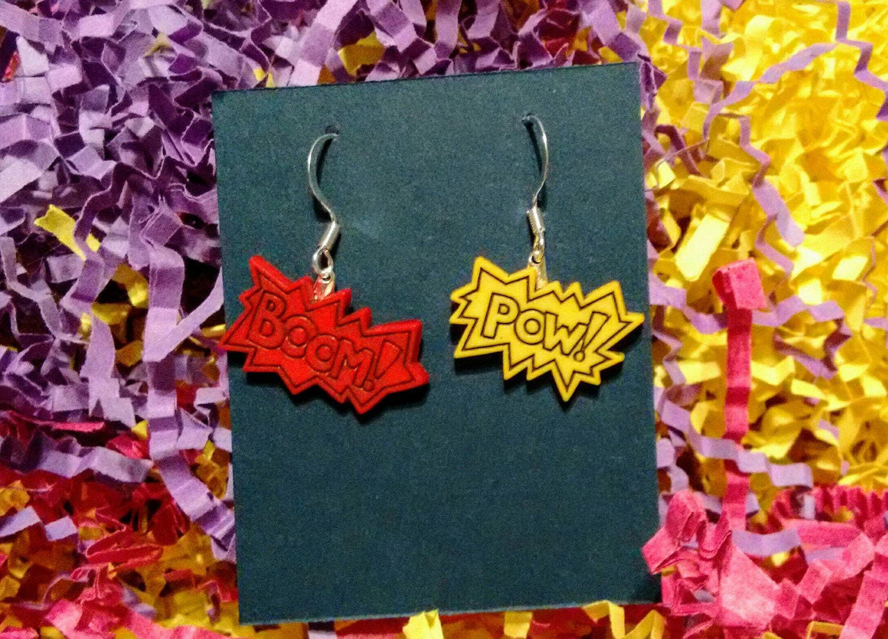 Super heros, super hero earrings, super hero gift, action hero gift, comic book phrase, comic book gifts, gifts for nerds, jewelry for nerds