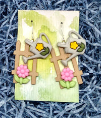 Thumbnail for flower earrings, garden earrings, flower jewelry, flower gifts, inexpensive earrings, watering can, gifts for gardeners, gardening gifts
