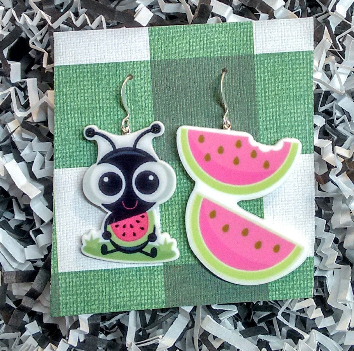 picnic ants, picnic ant earrings, picnic ant jewelry, watermelon earrings, food earrings, bug jewelry, gifts for her, gifts under 10,