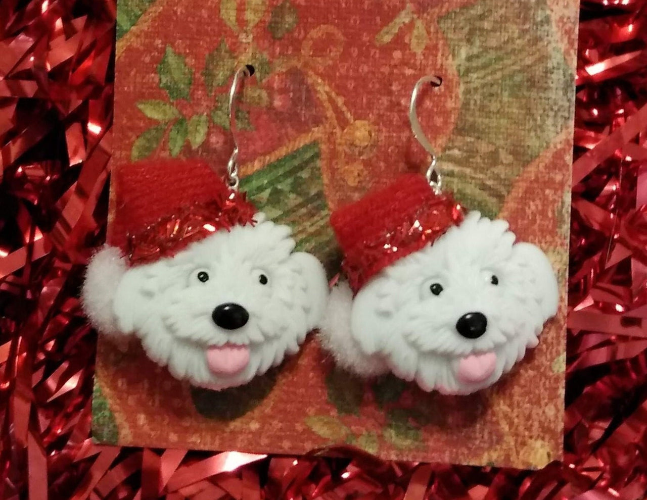 santa clause earrings, santa dogs, Christmas earrings, Christmas dogs, Santa earrings, cute earrings, gift exchange gifts, stocking stuffers