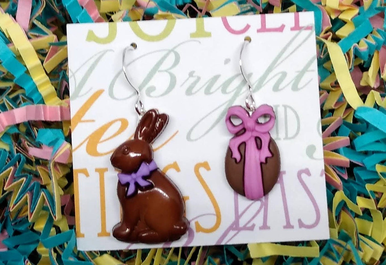 easter earrings, easter bunnies, chocolate bunny, easter jewelry, rabbit gifts, rabbit earrings, gift for her, gifts under 10, easter gift