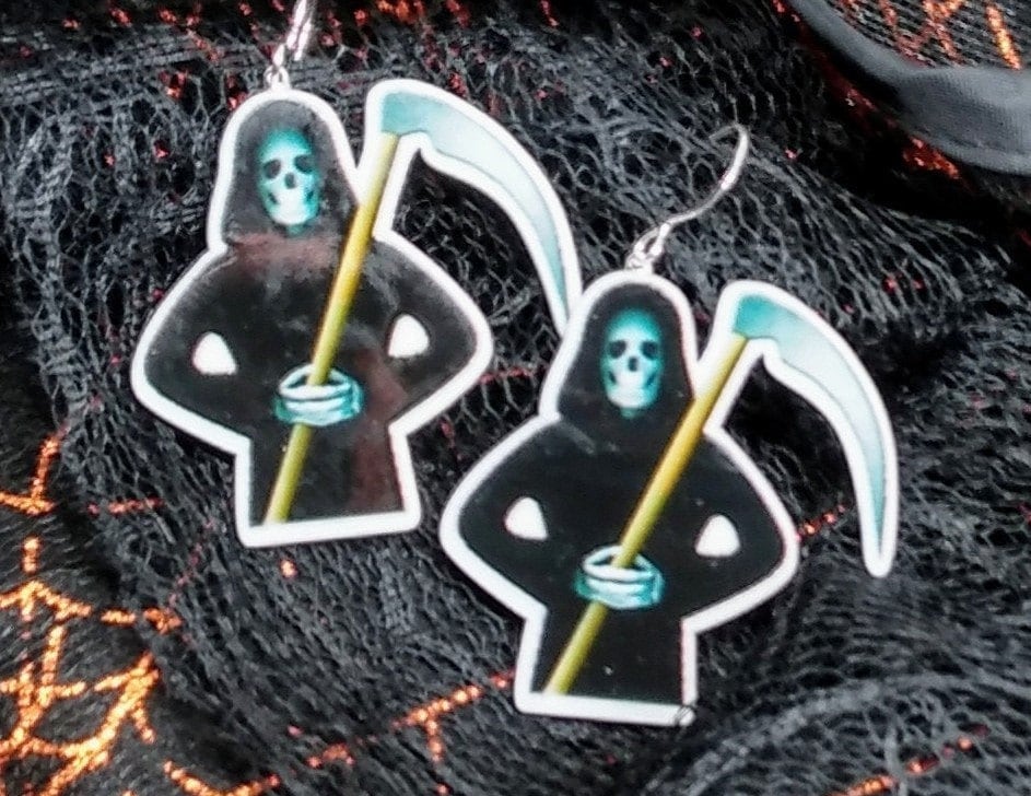 halloween earrings, grim reaper earrings, death earrings, halloween costumes, halloween characters, goth earrings, funny earrings, scythe