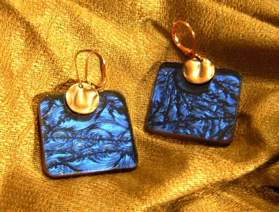 Van Gogh sapphire stained glass and copper earrings 3925 brockus creations for etsy