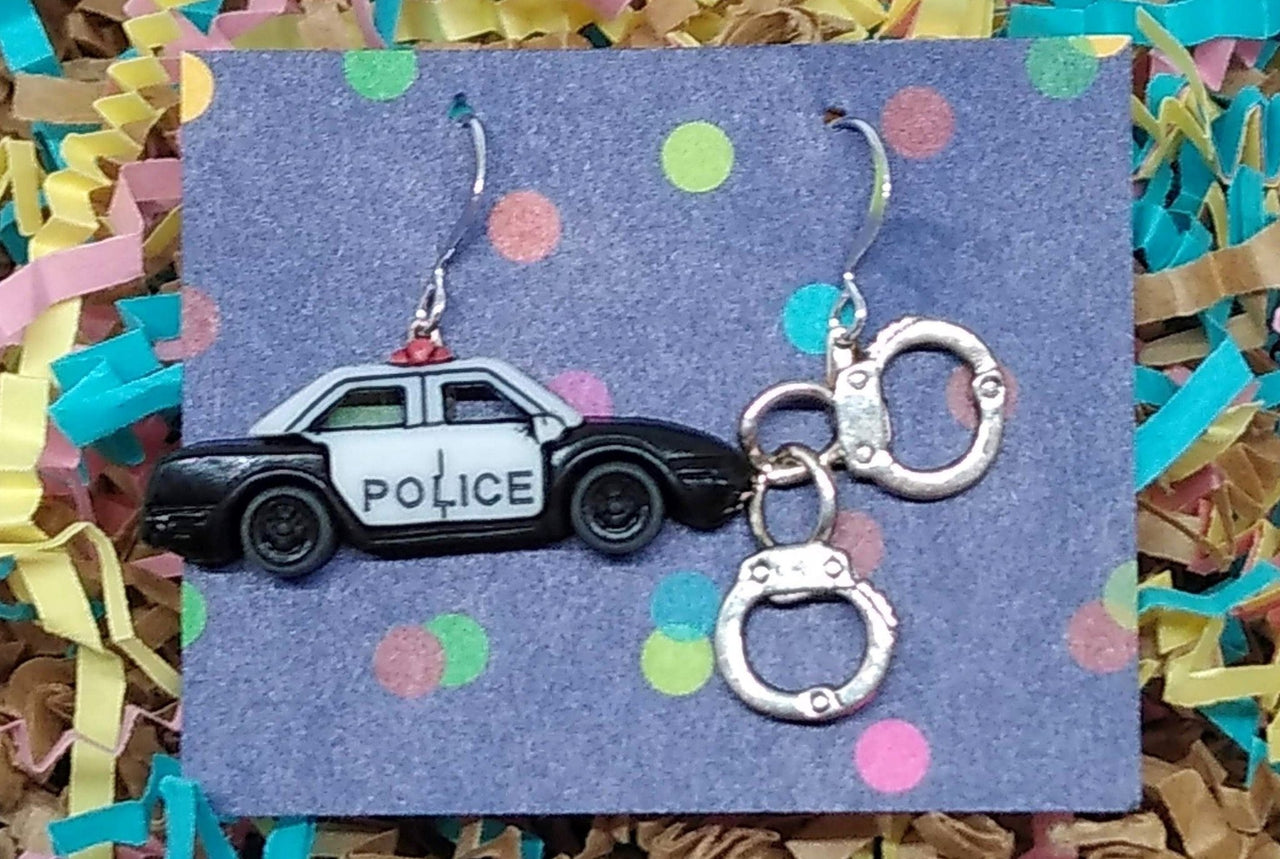 Police car and hand cuff earrings