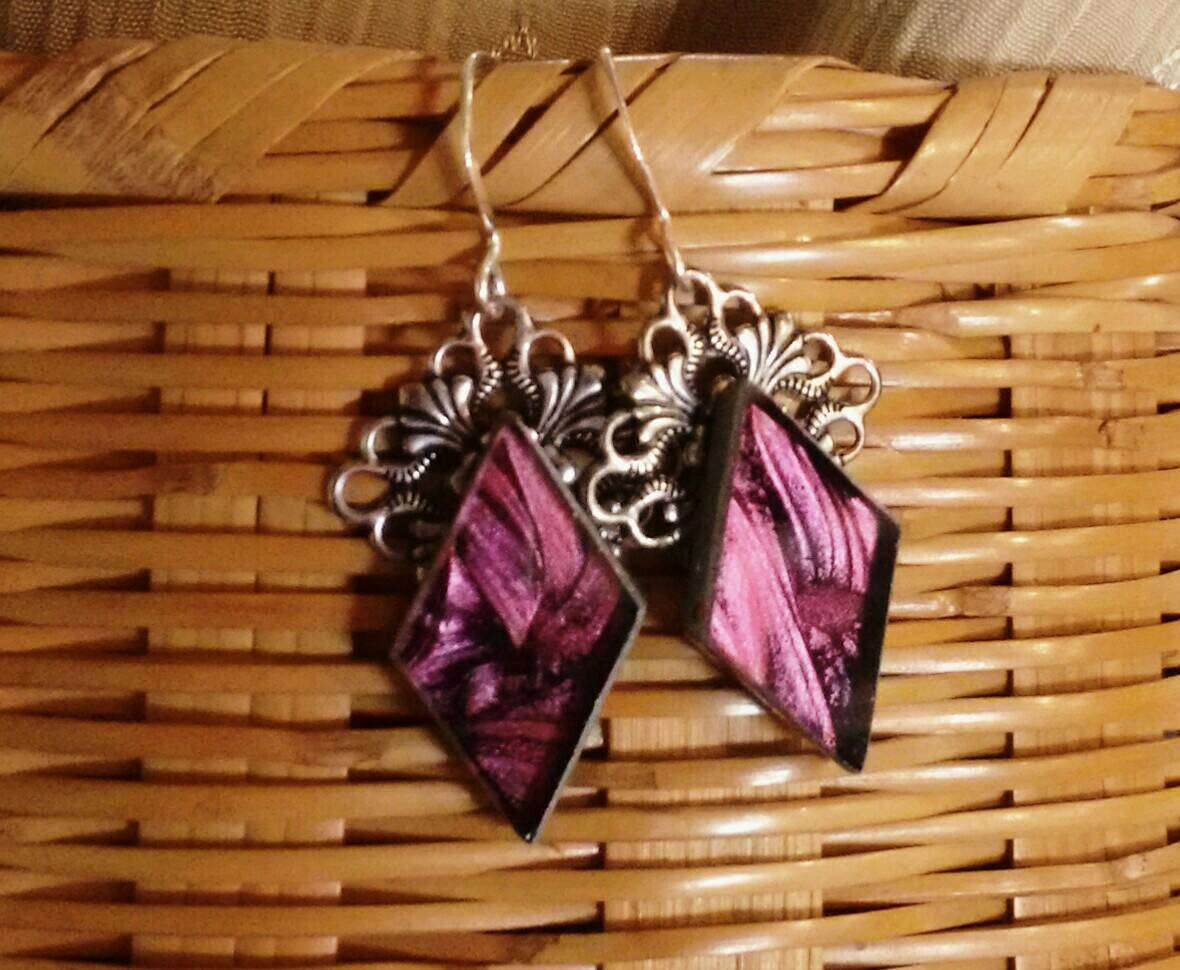 Purple mauve Van Gogh stained glass earrings