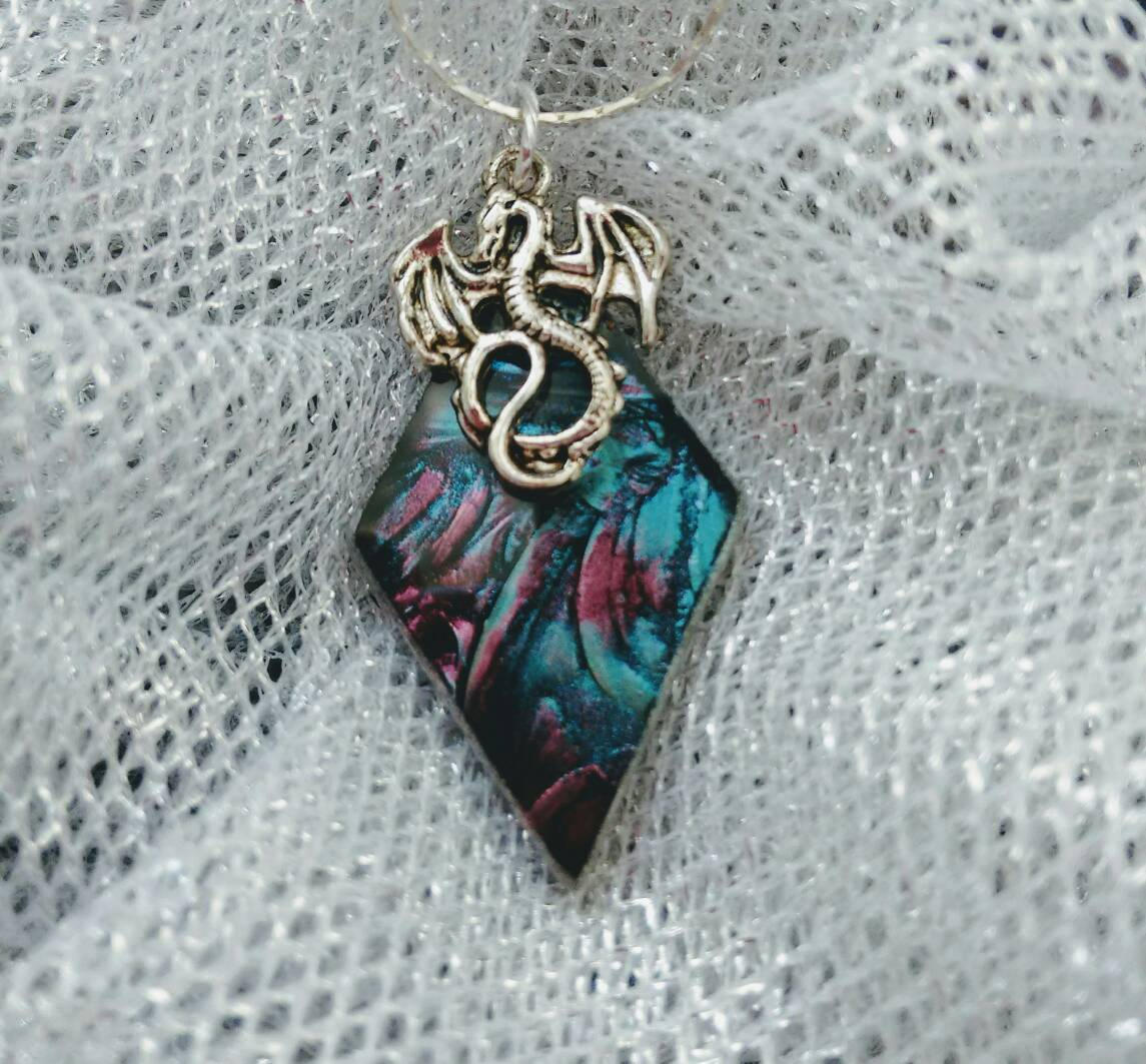 Silver dragon on Van Gogh stained glass pendant on chain