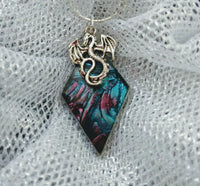 Thumbnail for Silver dragon on Van Gogh stained glass pendant on chain
