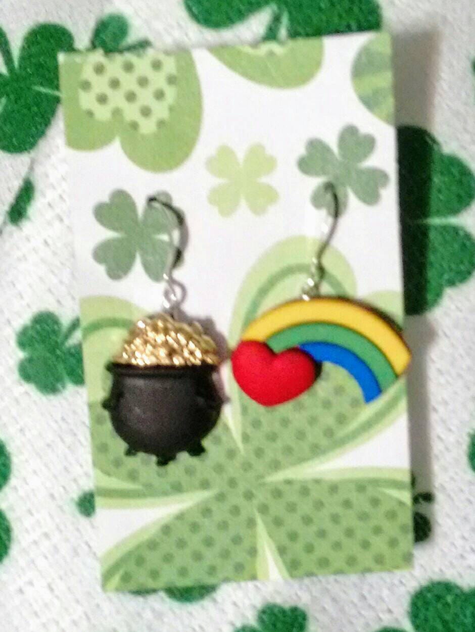 St. Patrick's Day pot of gold and rainbow earrings