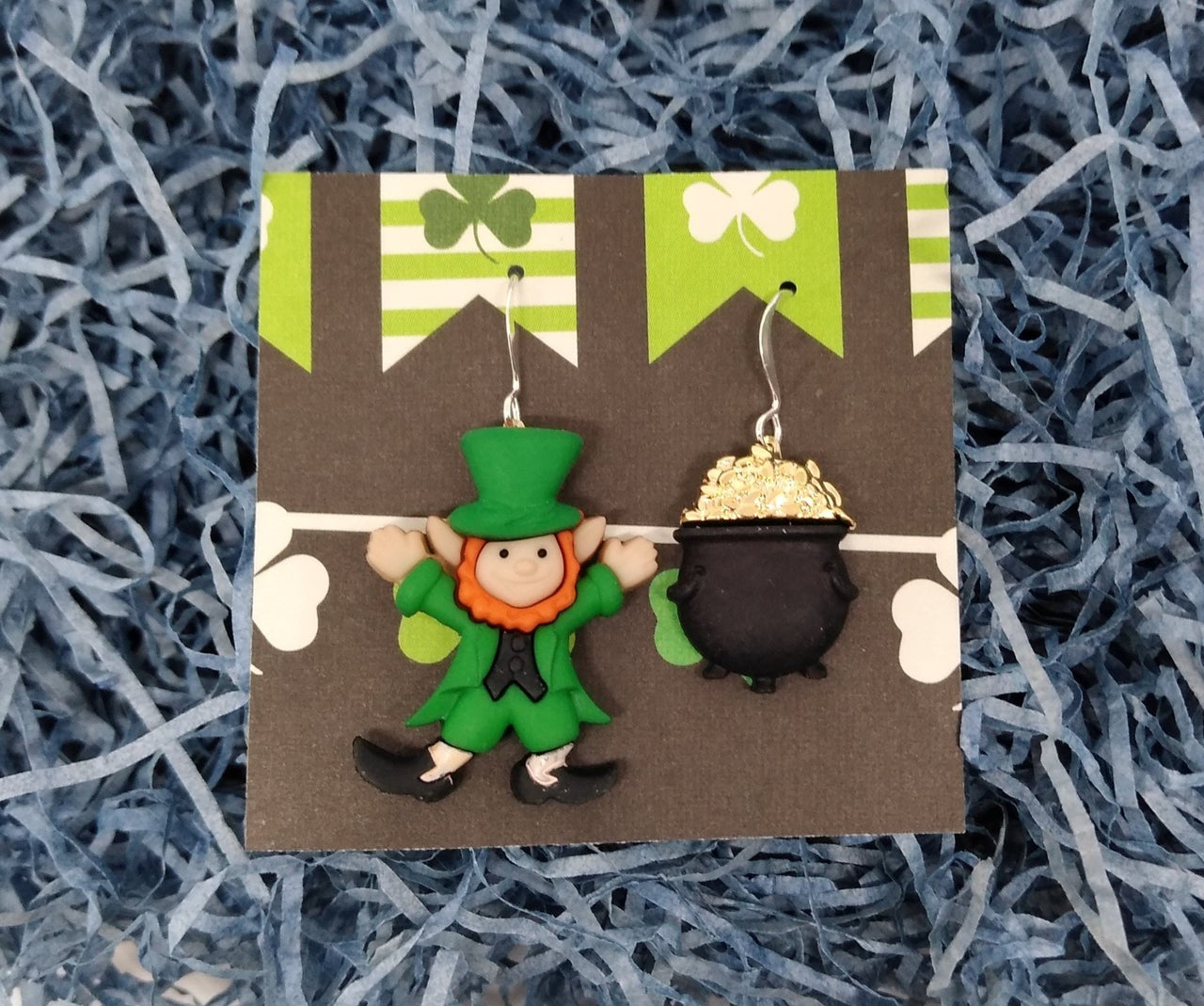 St. Patricks leprechaun and pot of gold earrings