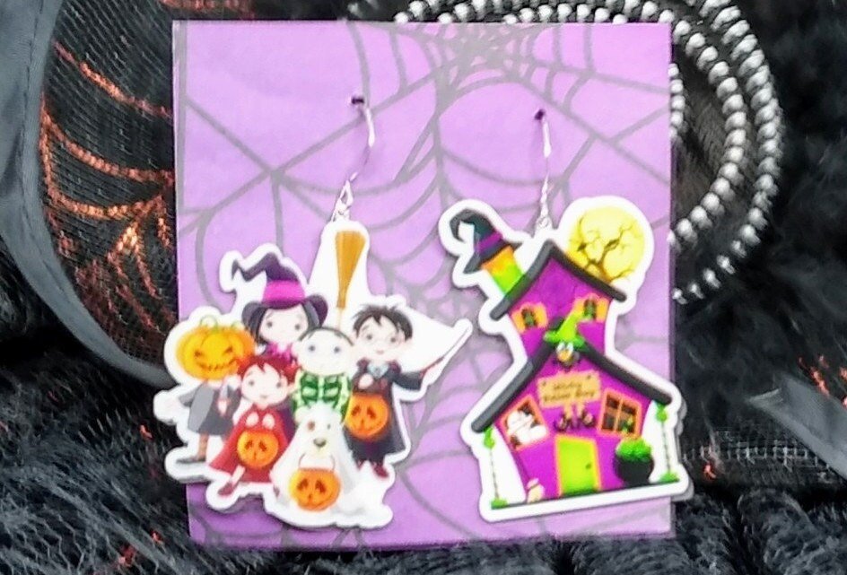 Trick or treat haunted house earrings