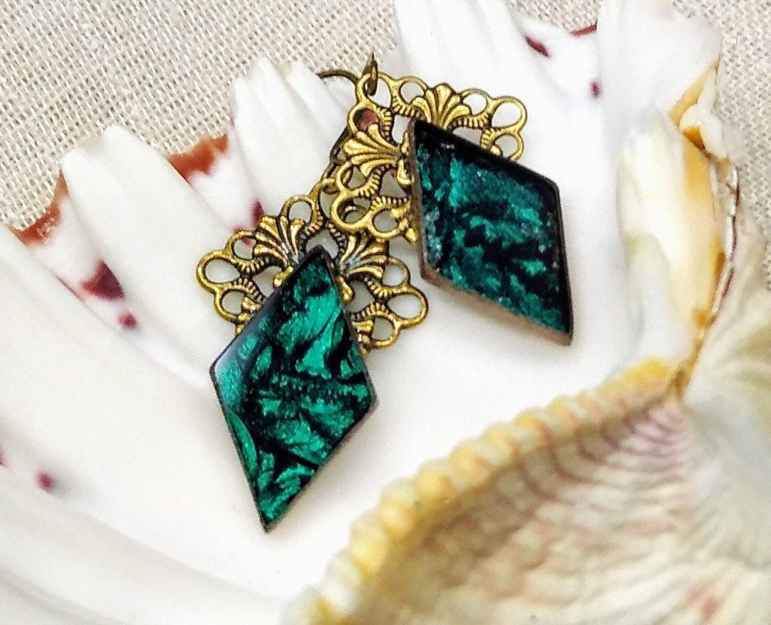Turquoise Van Gogh stained glass with gold filigree earrings