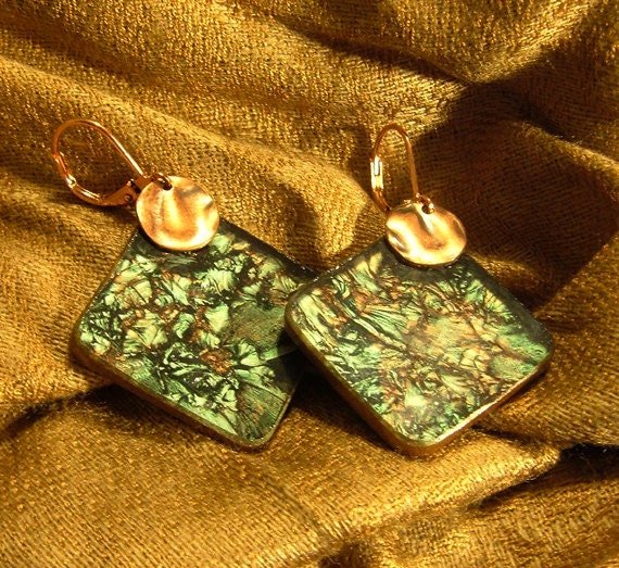 Van Gogh sage green and copper stained glass earrings