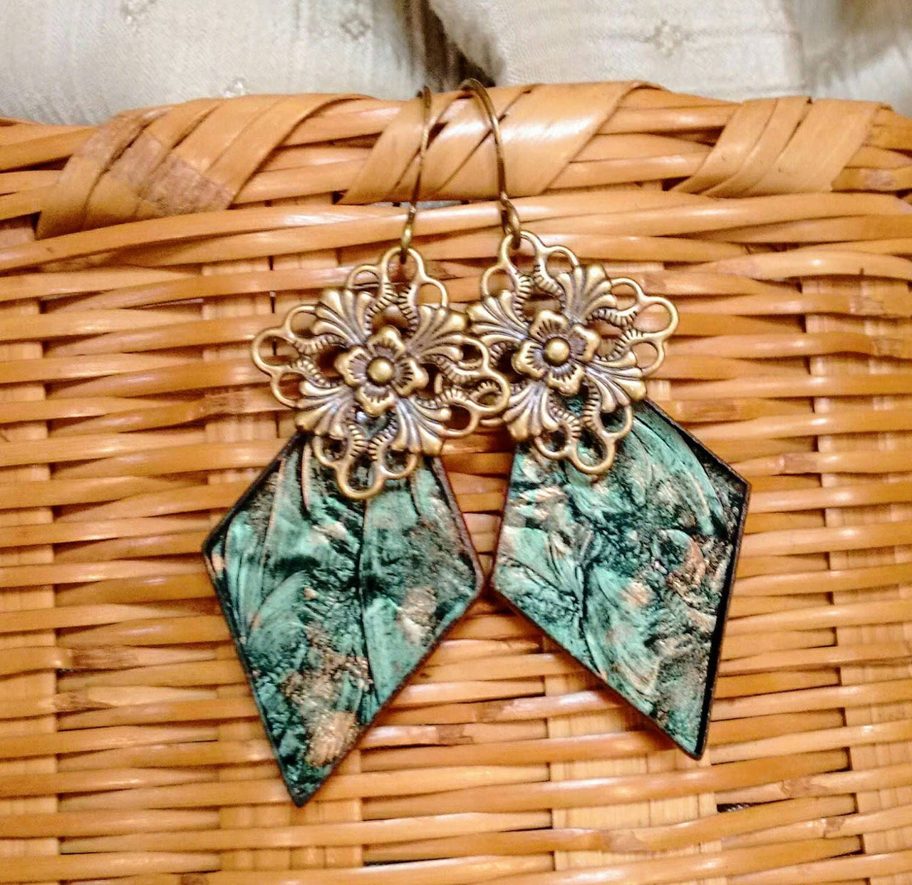van gogh stained glass green and bronze with antiqued gold filigree earrings brockus creations