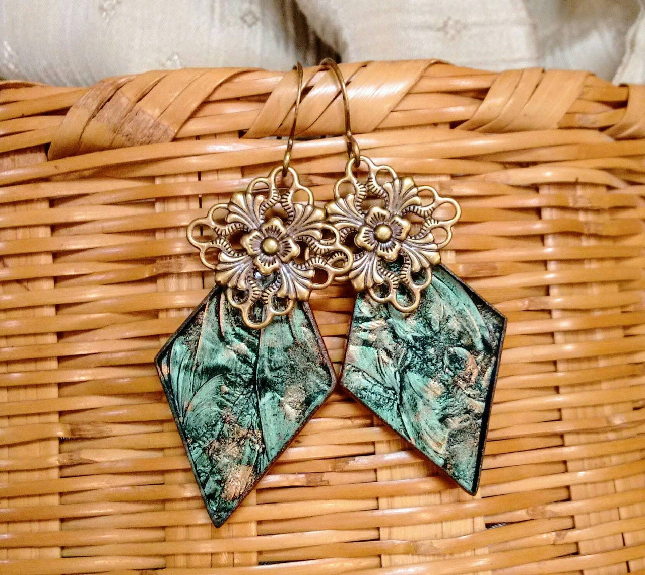 van gogh stained glass green and bronze with antiqued gold filigree earrings brockus creations