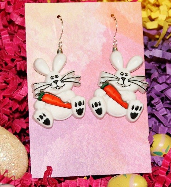 White funny bunny earrings