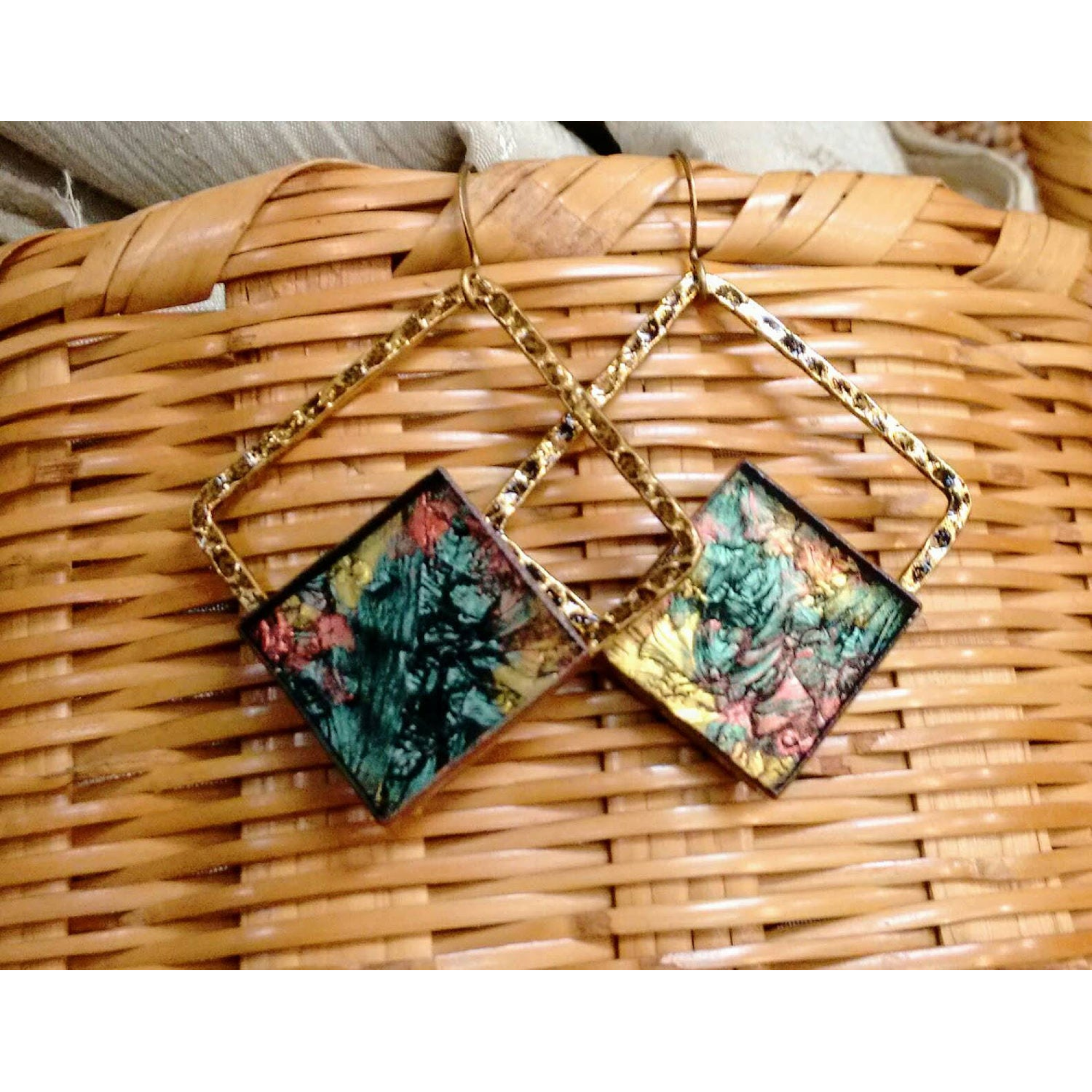 Antiqued Gold Van Gogh Green, Gold and Copper Stained Glass Earrings
