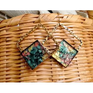 Antiqued Gold Van Gogh Green, Gold and Copper Stained Glass Earrings