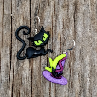 Halloween black cat and witch hat earrings