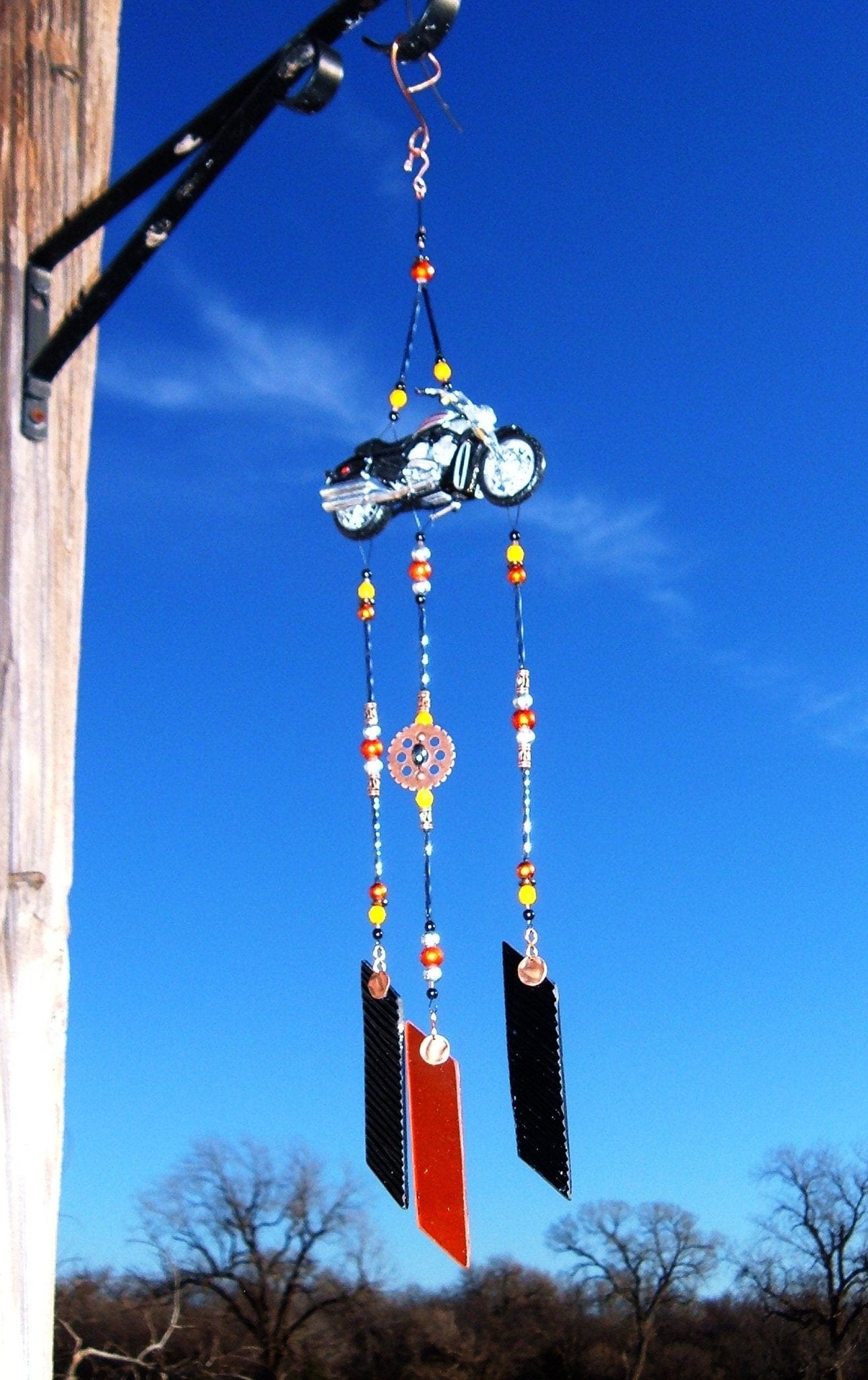 Motorcycle stained glass wind chime and garden ornament handmade in the USA