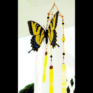 Handcrafted yellow butterfly stained glass wind chime garden ornament