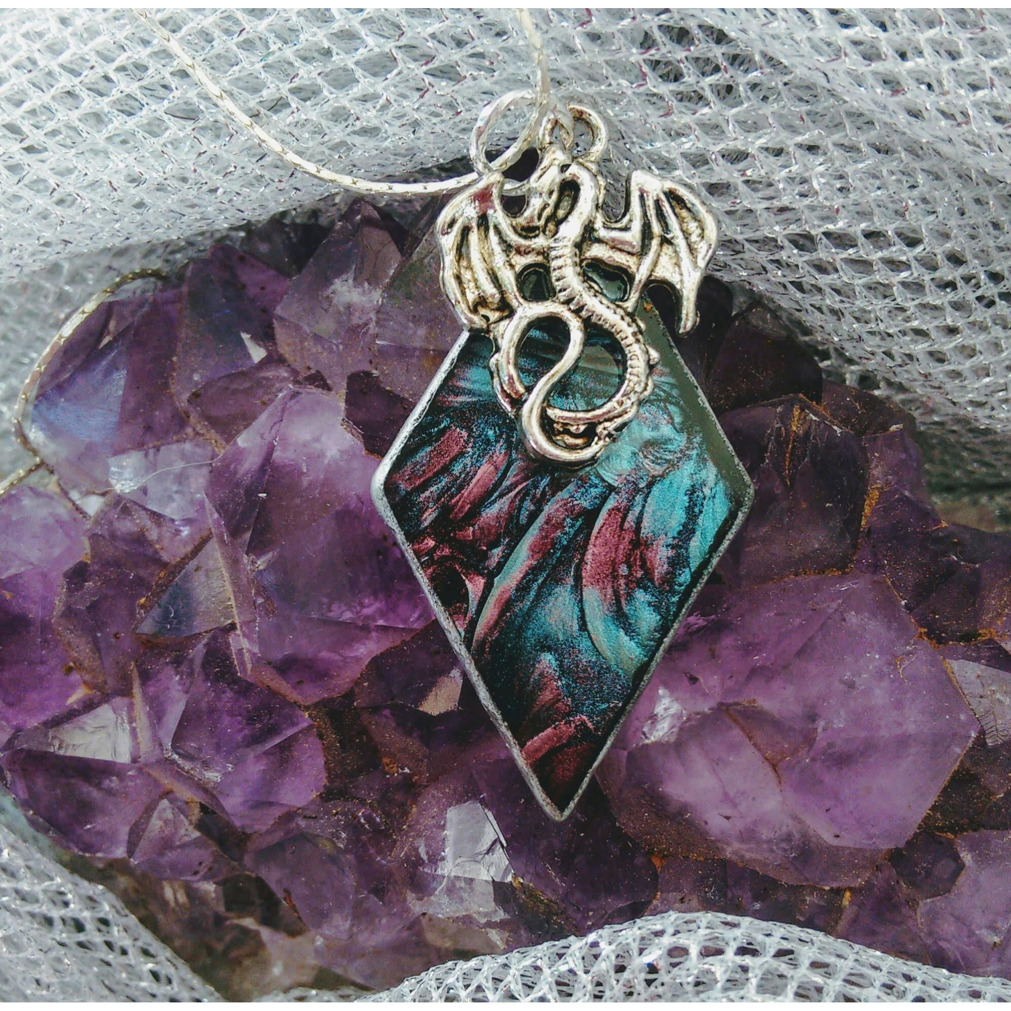 Silver dragon on Van Gogh stained glass pendant on chain