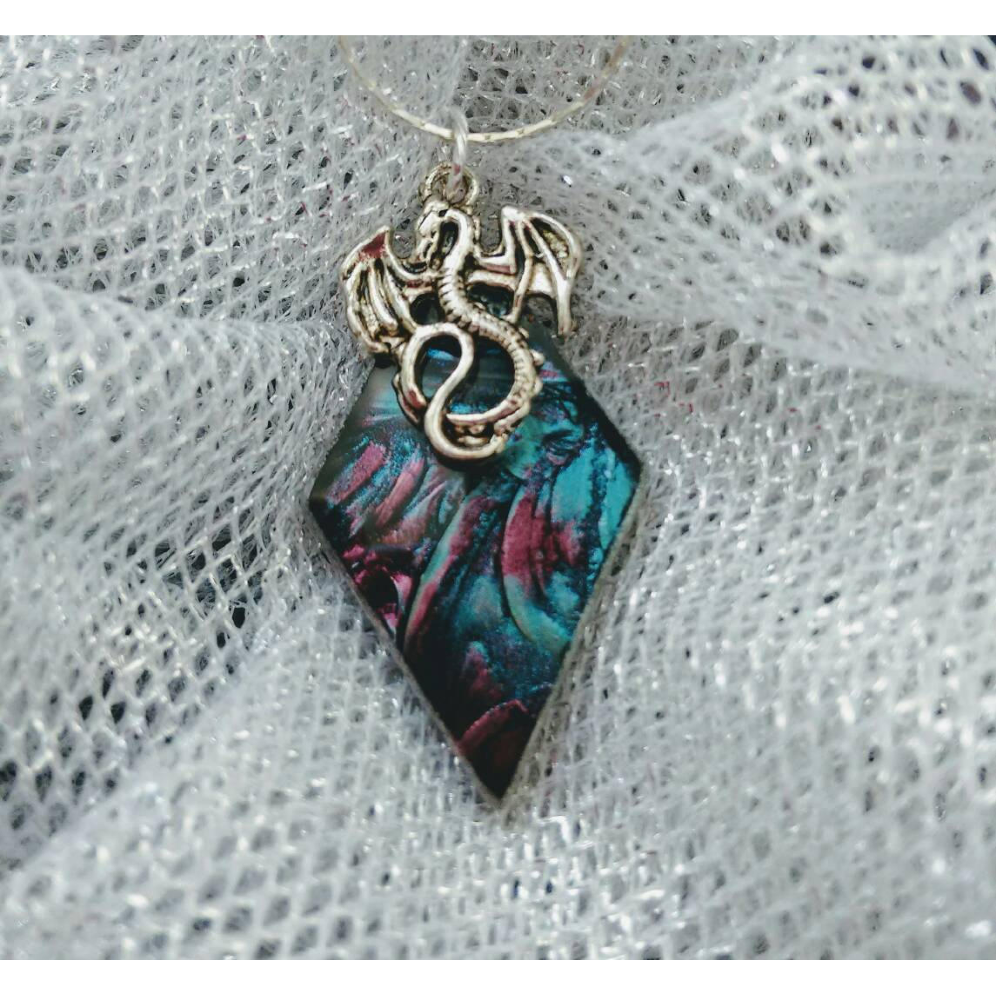 Silver dragon on Van Gogh stained glass pendant on chain
