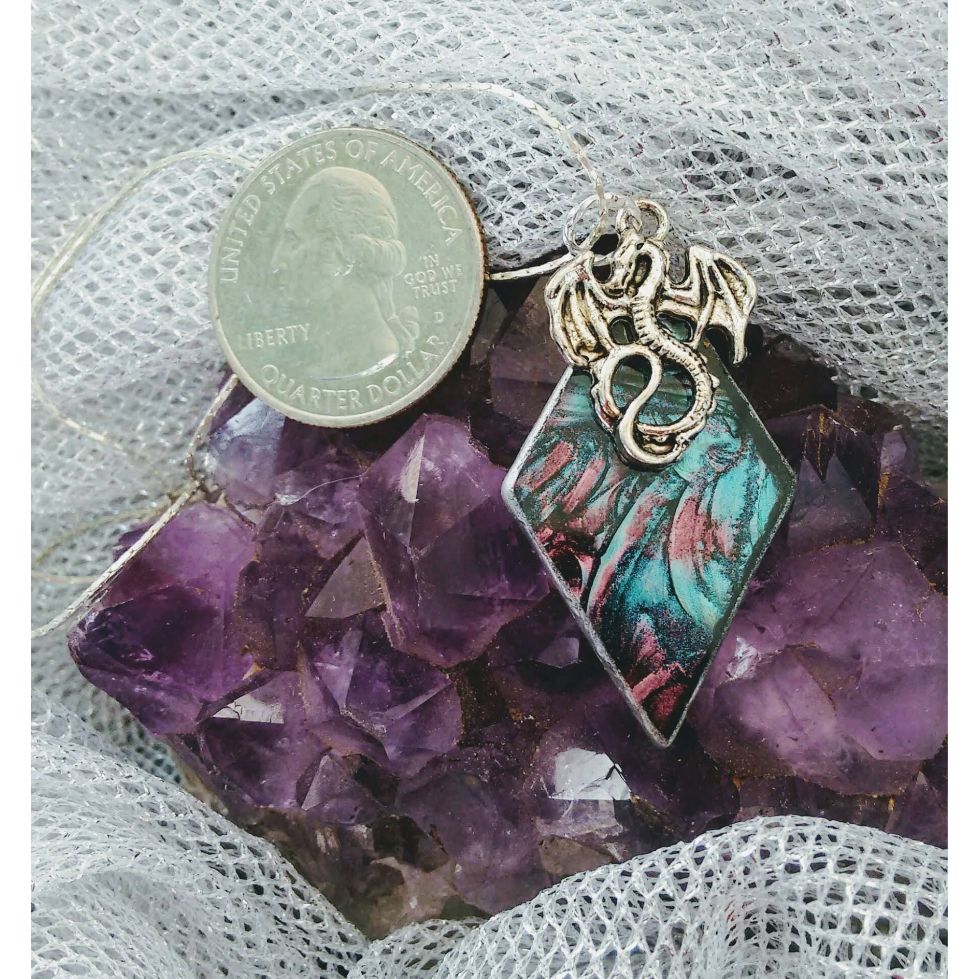 Silver dragon on Van Gogh stained glass pendant on chain