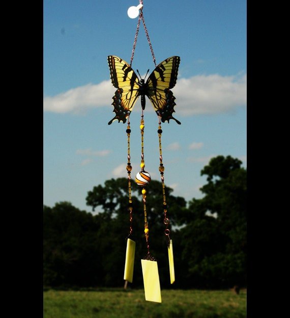Yellow Butterfly Stained Glass Wind Chime | Handcrafted Garden Art Decor |