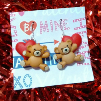 Valentines Bear earrings, Valentines heart earrings, funny Valentines teddy bear gifts, gift for teddy bear collectors, handmade in USA