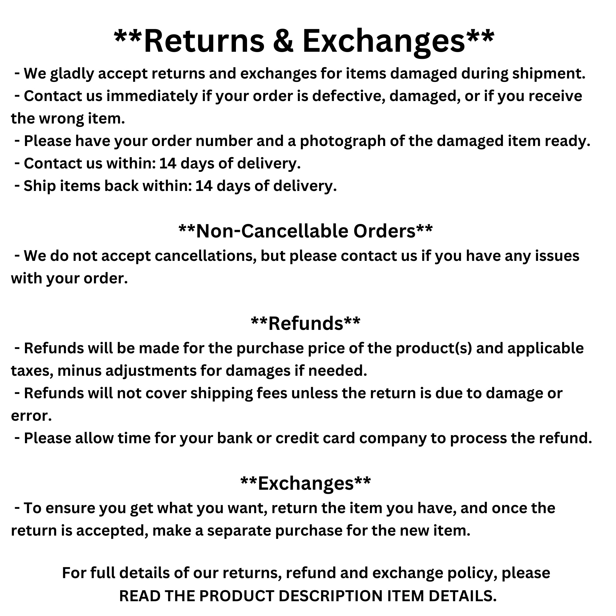 Brockus Creations Returns and Exchanges policy