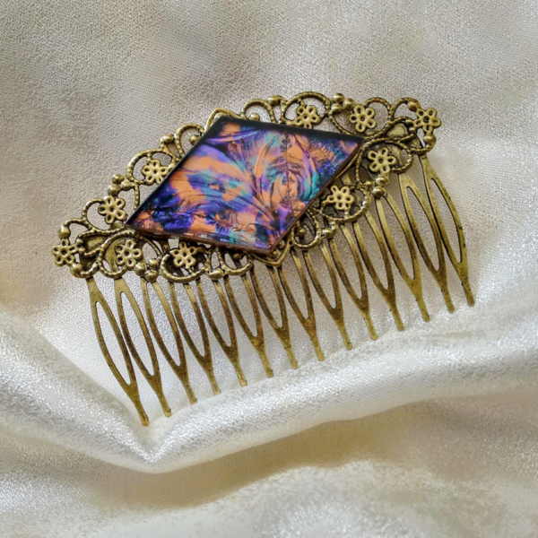 violet, turquoise and copper van gogh stained glass large antiqued gold hair comb