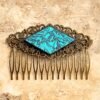 antiqued gold filigree hair comb with aqua turquoise van gogh stained glass brockus creations