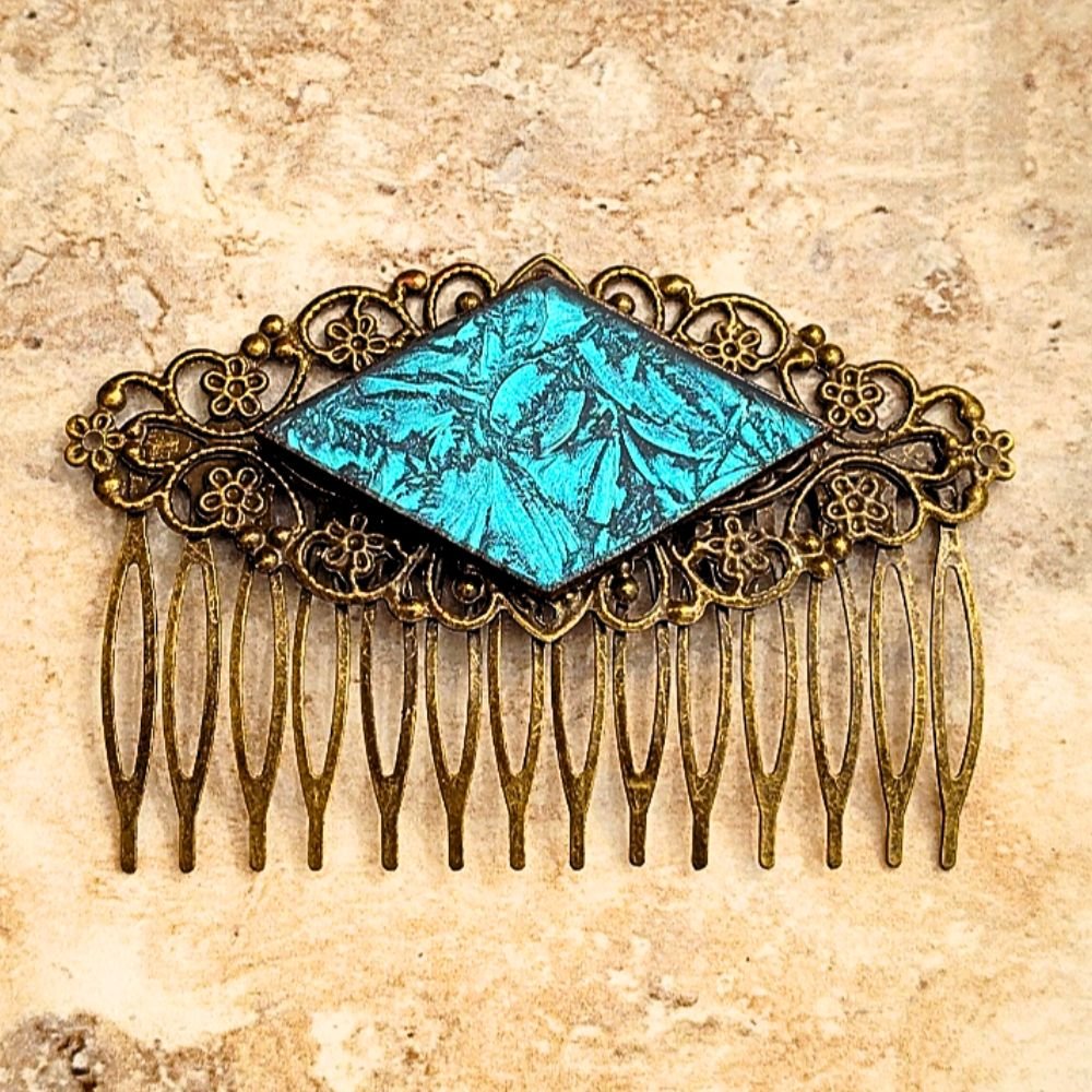antiqued gold filigree hair comb with aqua turquoise van gogh stained glass brockus creations