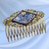 antiqued gold filigree hair comb with blue and bronze van gogh stained glass large size handcrafted by brockus creations
