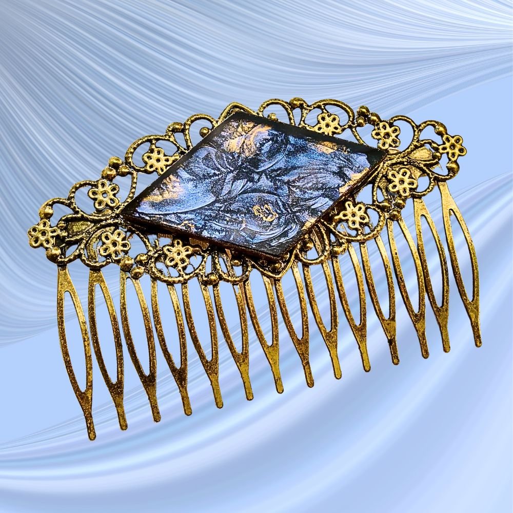 antiqued gold filigree hair comb with blue and bronze van gogh stained glass large size handcrafted by brockus creations