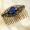 antiqued gold filigree hair comb with blue and purple van gogh stained glass large comb brockus creations