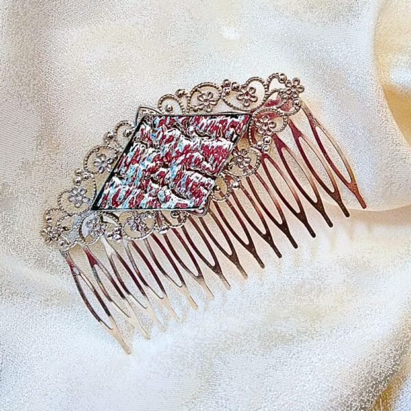 large silver filigree hair comb with silver granite mirror stained glass