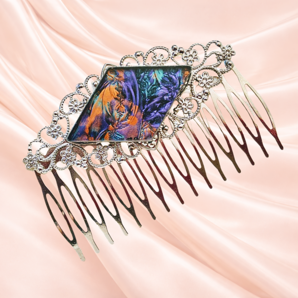 large silver filigree hair comb with violet, copper and turquoise van gogh stained glass handcrafted by brockus creations large silver filigree hair comb with violet, copper and turquoise van gogh stained glass handcrafted by brockus creations
