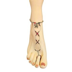 silver spider charm on red and black ankle bracelet barefoot sandal handcrafted by brockus creations
