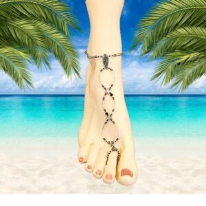 Silver feather and black crystal ankle bracelet barefoot sandal handcrafted by brockus creations Silver feather and black crystal ankle bracelet barefoot sandal handcrafted by brockus creations