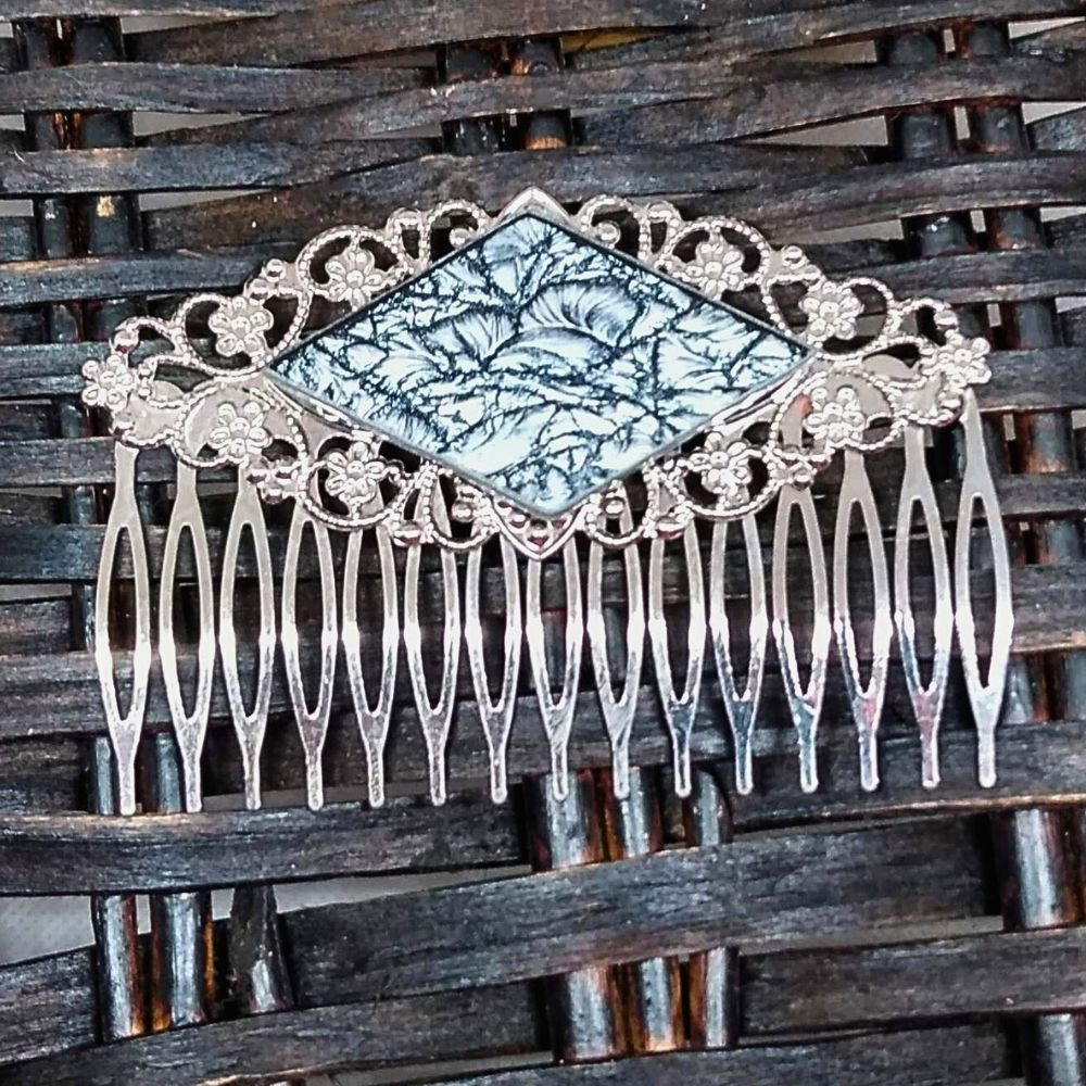 silver filigree hair comb with silver van gogh stained glass large comb brockus creations