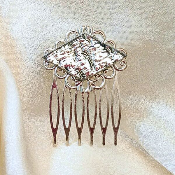 silver filigree hair comb with silver granite mirror glass medium size comb brockus creations