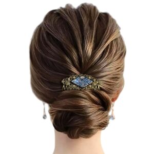 antiqued gold hair comb with blue and bronze van gogh stained glass on model brockus creations